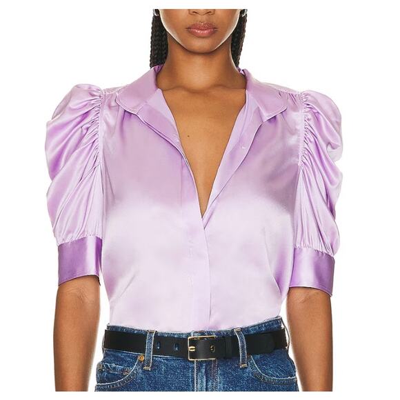 FRAME Gillian Top Silk Lilac Purple Button Front Ruched Puff Sleeve MEDIUM Satin - Picture 7 of 7